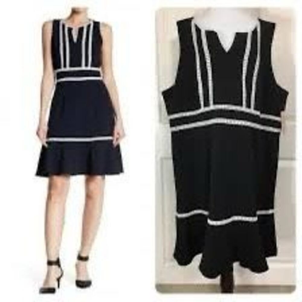 Nanette Lepore 6 Sleeveless Peplum Mini Dress Navy Blue White Lace Coastal Prep